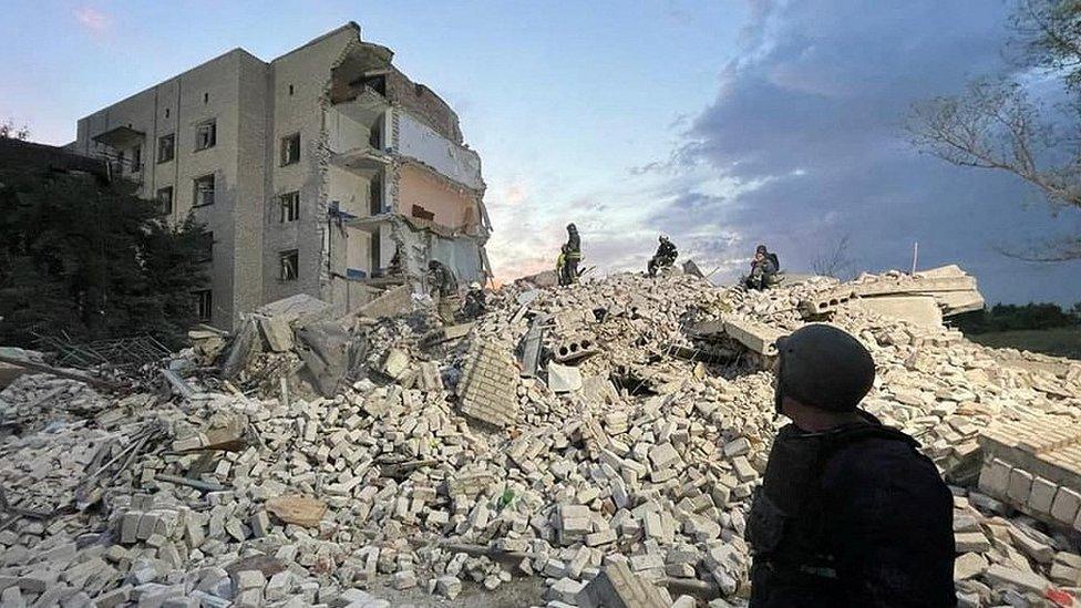 The devastated apartment block in Chasiv Yar, eastern Ukraine, 10 Jul 22