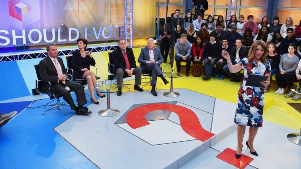 Presenter Victoria Derbyshire hosting the EU debate with members of the panel (L-R Liam Fox, Diane James, Alex Salmond and Alan Johnson)