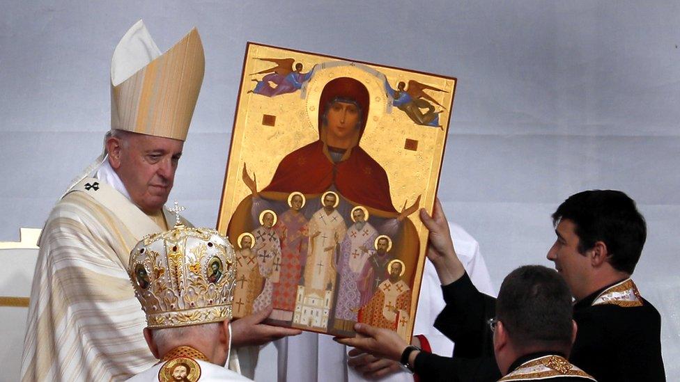 Pope Francis beatifies seven Greco-Catholic bishops at a ceremony in Romania