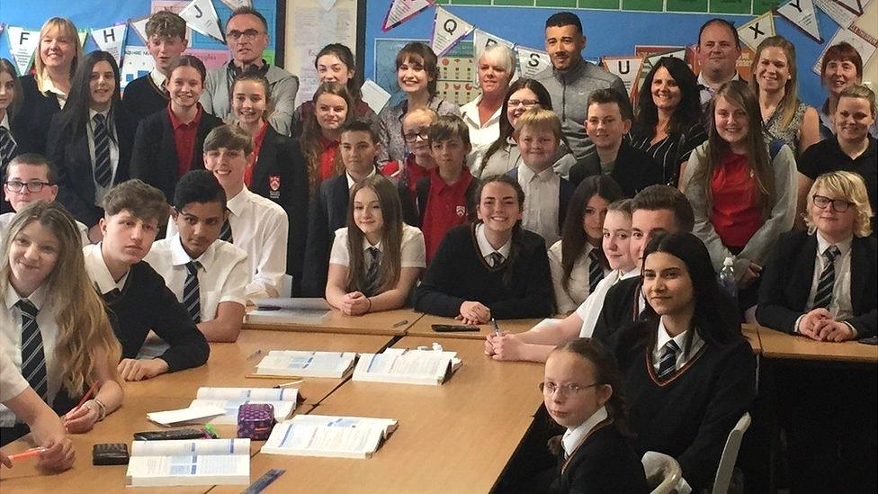 Pupils at the school with Danny Boyle and Lily James in the back row