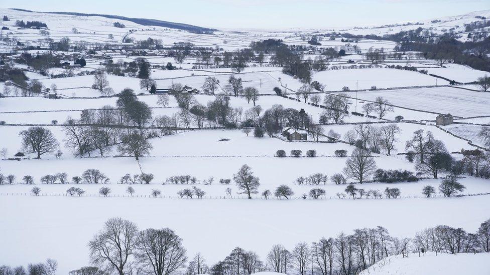 Snow on the hillsides in Teesdale