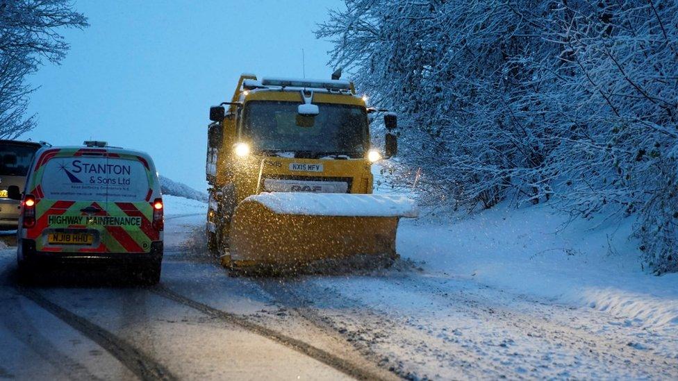 A snow plough clears the A69 near Stocksfield, Northumberland