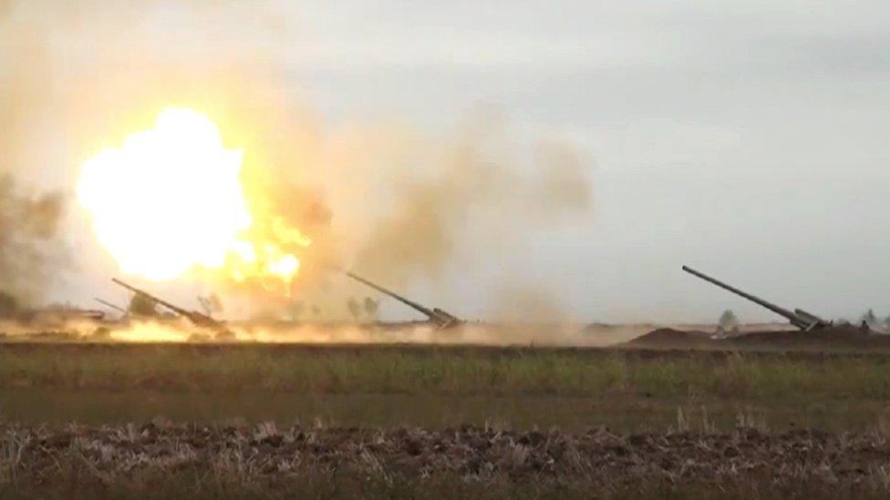 An image shared by Azerbaijan's Ministry of Defence, firing missiles towards Armenian positions