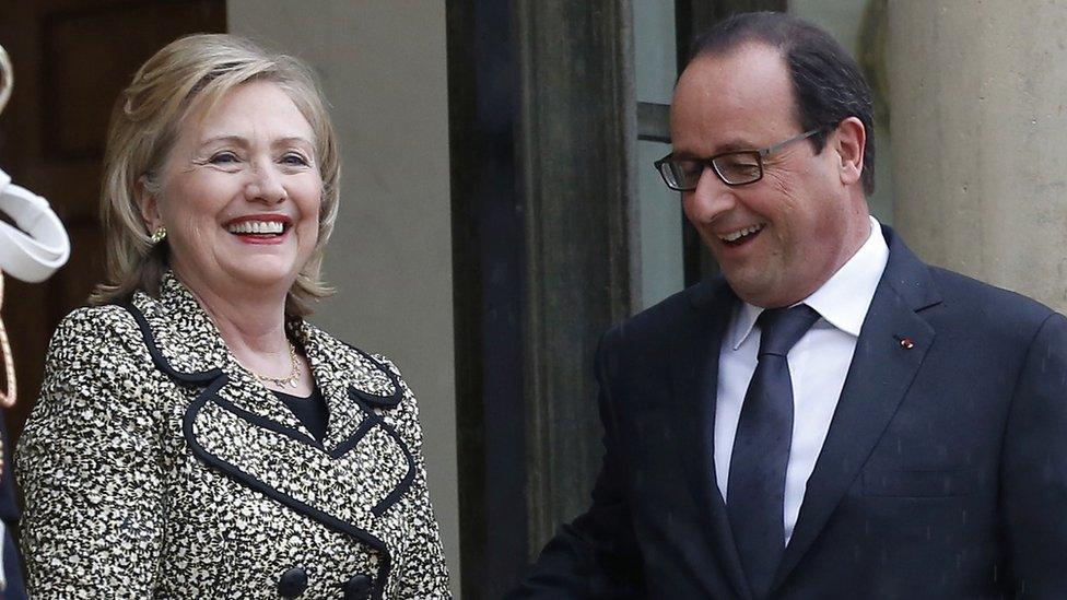 French President Francois Hollande with Hillary Clinton, in Paris in July 2014