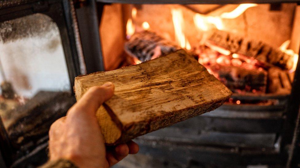 A log being put into a wood burning stove