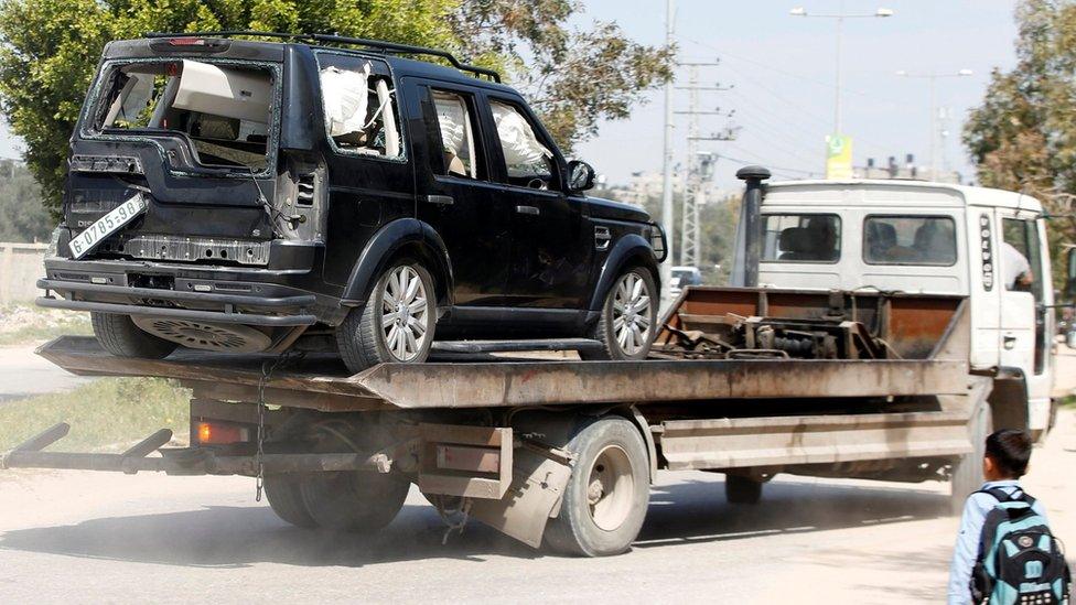 Vehicle damaged in attack on Palestinian Prime Minister Rami Hamdallah's convoy in Gaza (13 March 2018)