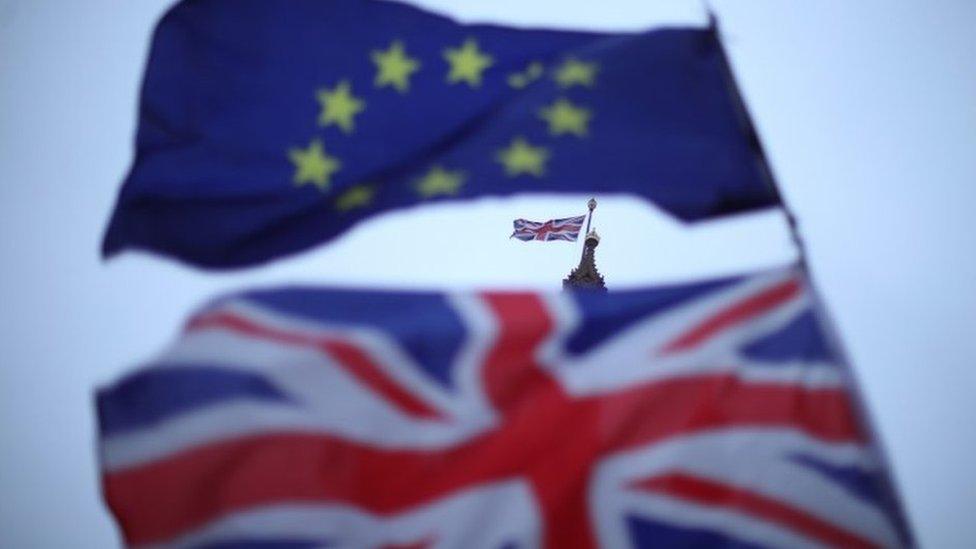 Union Jack and EU flags outside Parliament