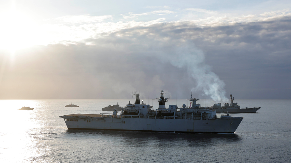 HMS Albion (foreground) with other NATO ships in the Arctic