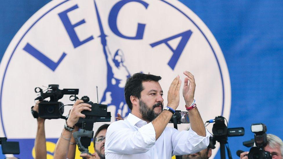 Matteo is applauded at the League's annual rally in Pontida on 15 September