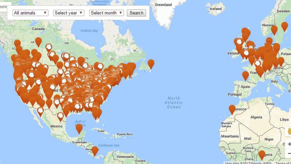 Map showing places where outages to power were caused by animals