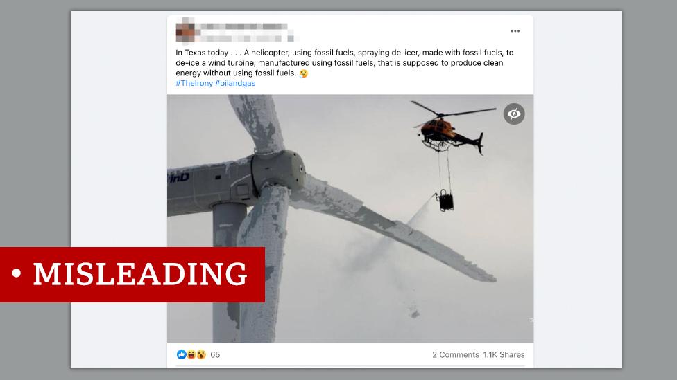 A misleading image showing an old photo of a frozen wind turbine