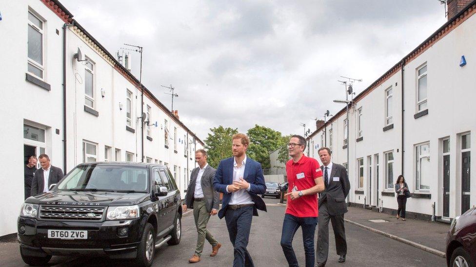 Prince Harry arrives in Canada Street, Manchester