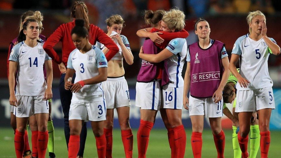 England players appear dejected after the final whistle during the UEFA Women"s Euro 2017 match at the De Grolsch Veste, Enschede.