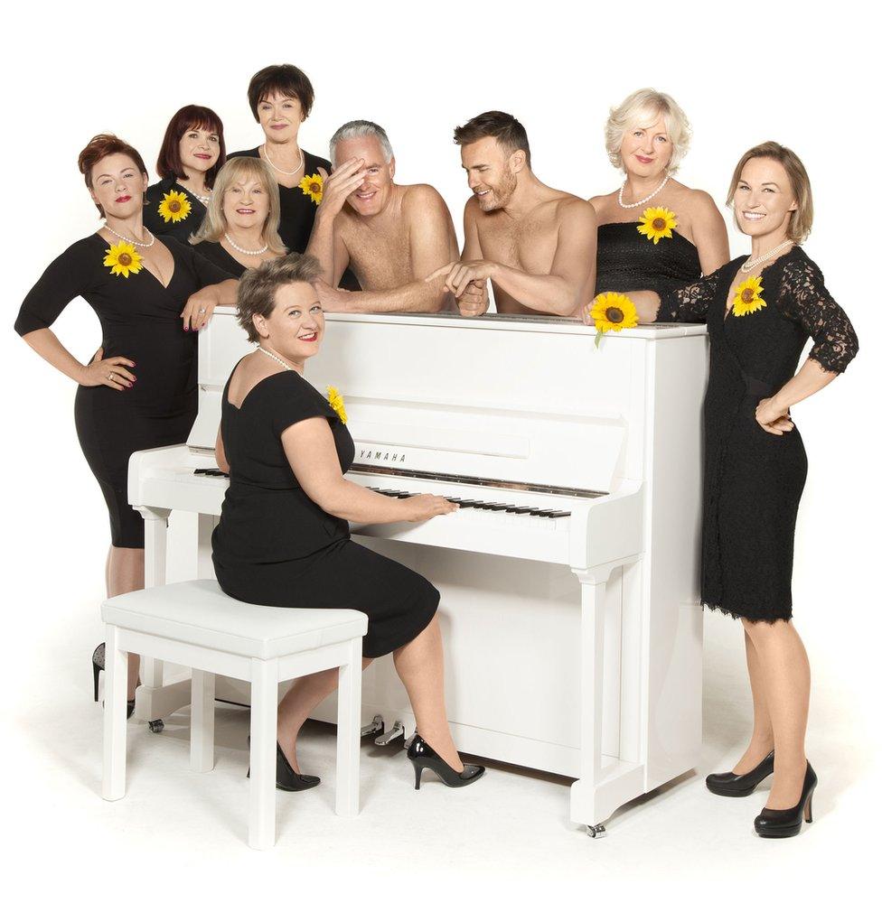 The Girls: (clockwise) Claire Machin (seated) Sophie-Louise Dann, Debbie Chazen, Michele Dotrice, Marian McLoughlin, Tim Firth, Gary Barlow, Claire Moore and Joanna Riding