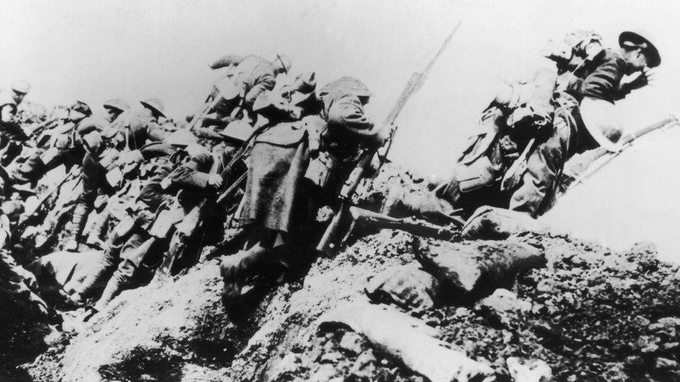 British troops going over the top on the first day of the Battle of the Somme