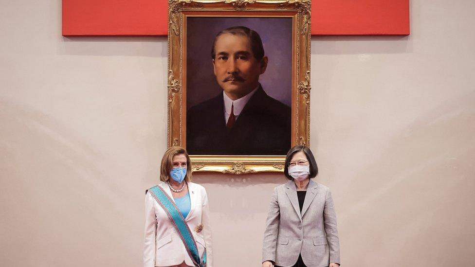 united states politician nancy pelosi poses for a photograph with the president of taiwan tsai ing-wen