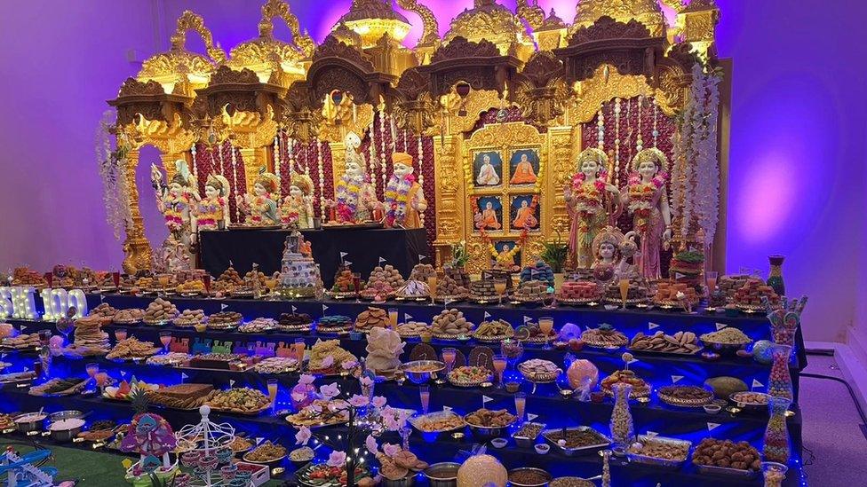 Feast and shrine at BAPS Shri Swaminarayan Mandir temple in Coventry