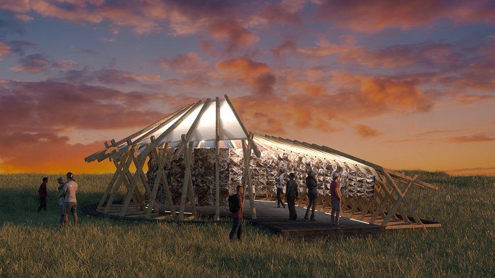 Artist's impression of the pavilion onsite in Glastonbury, showing people walking around it