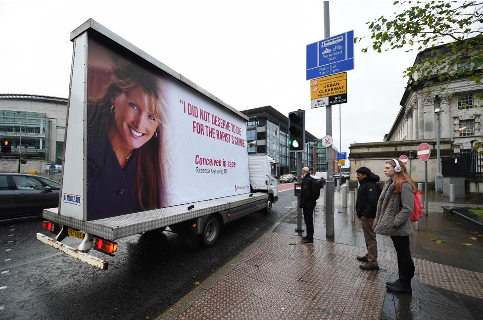 An anti-abortion message is displayed outside Belfast Magistrates' Court following Mr. Justice Horner's landmark ruling on the issue of abortion on December 16, 2016 in Belfast, Northern Ireland.