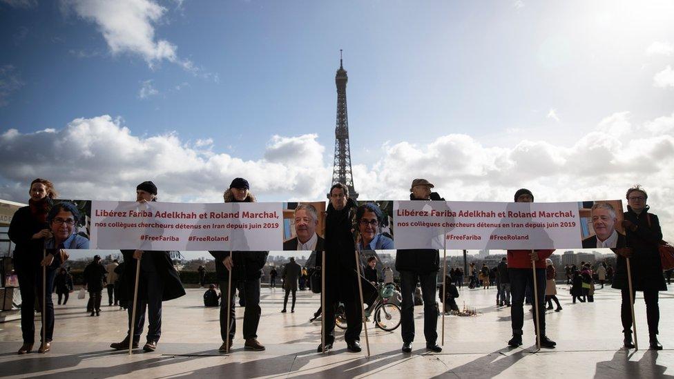 People protest against the detention of Fariba Adelkhah and Roland Marchal at the Trocadero, in Paris, France (11 February 2020)