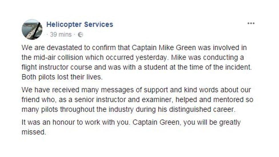 Facebook post of Helicopter Services' tribute