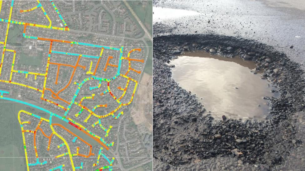 Satellite images showing the inspection of roads and a pothole (right)