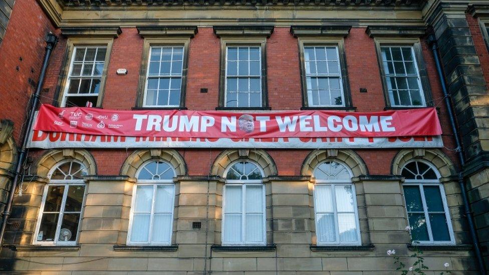 Anti-Trump banner at the Durham Miners' Association headquarters