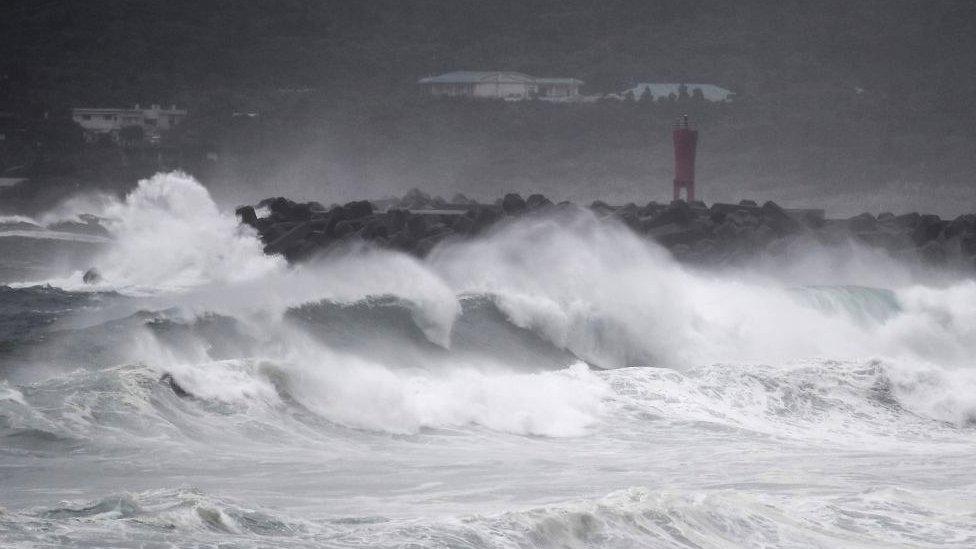 Waves crash on the coast as Typhoon Haishen approaches in Makurazaki, Kagoshima prefecture on September 6, 2020