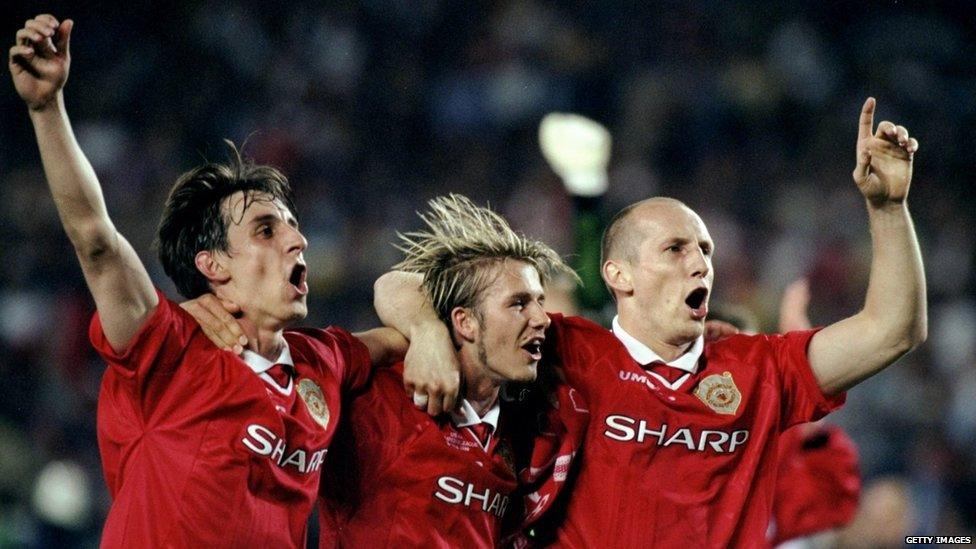 Gary Neville, David Beckham and Jaap Staam celebrate winning the 1999 Champions League