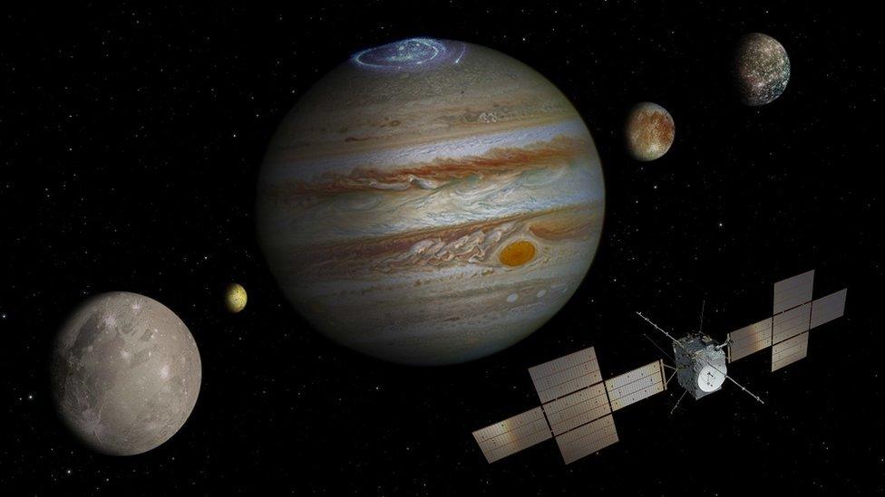 An artist's impression of Jupiter and its moons