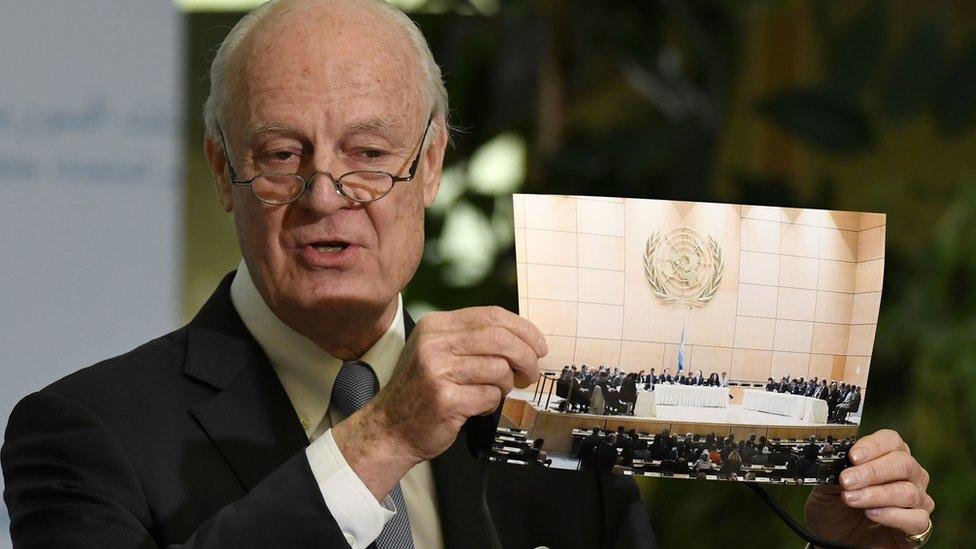 UN's special envoy to Syria Staffan de Mistura held up a picture of the opposing sides meeting in the same room, at the start of the talks