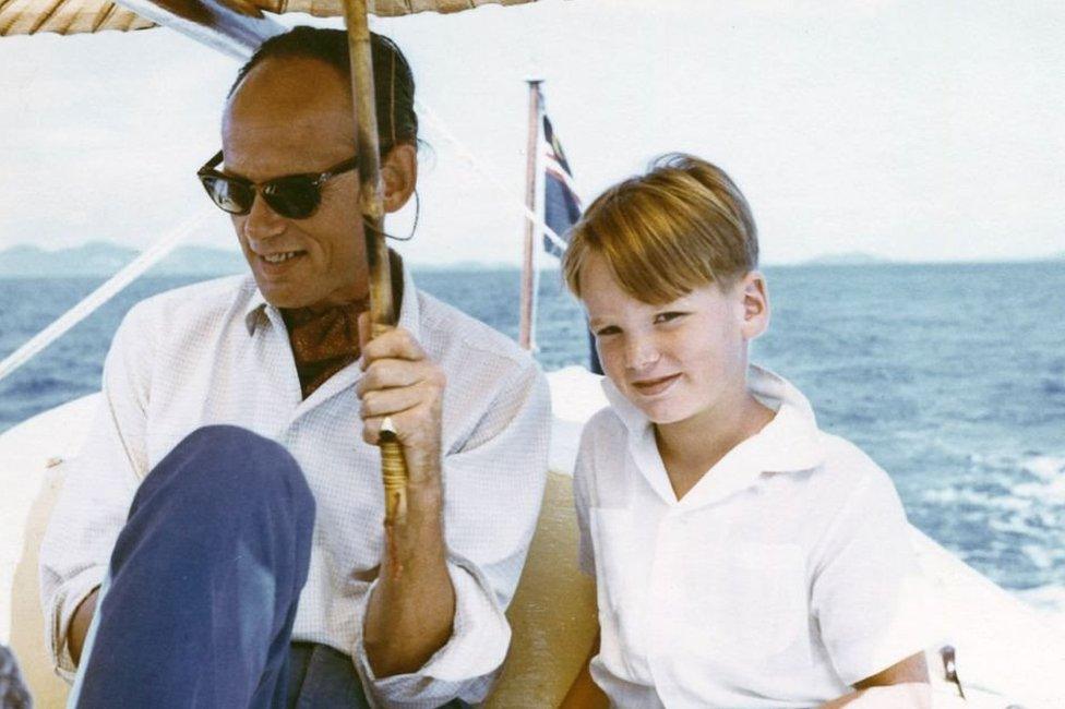 Mark Colvin, aged 7, with his father, off the south coast of Malaysia in 1959