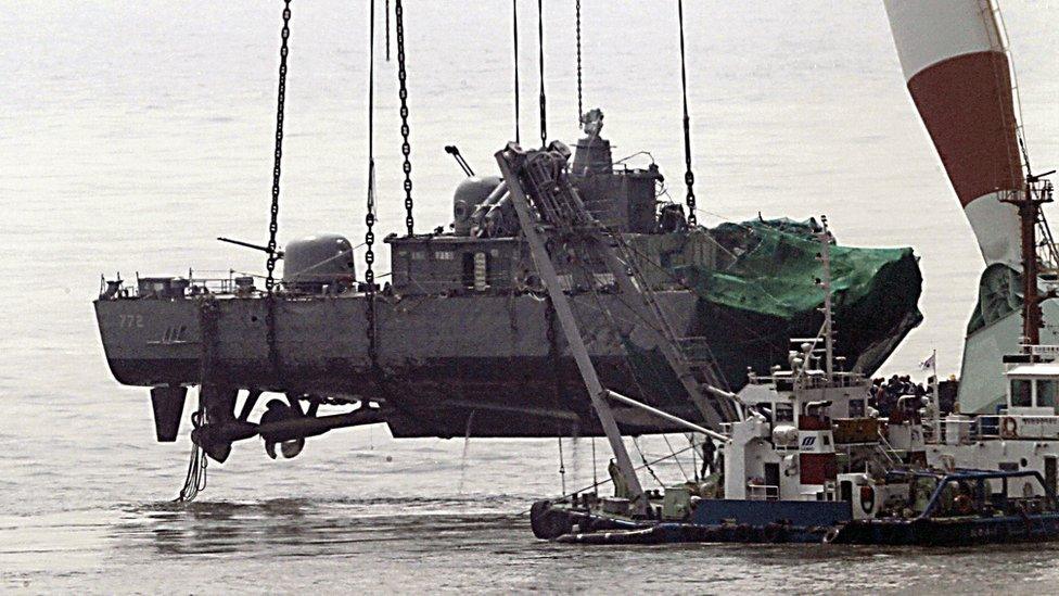 The South Korean naval corvette Cheonan is raised