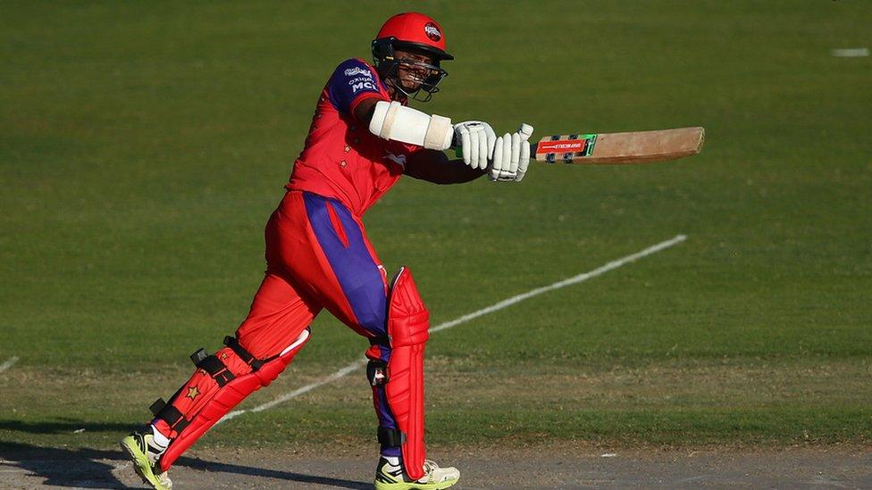 Shivnarine Chanderpaul of Gemini Arabians bats during the Oxigen Masters Champions League match between Sagittarius Strikers and Gemini Arabians on February 5, 2016 in Sharjah, United Arab Emirates