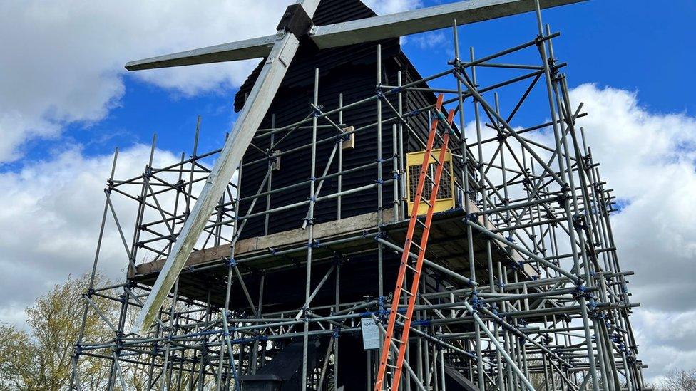 Bourn Windmill surrounded by scaffold