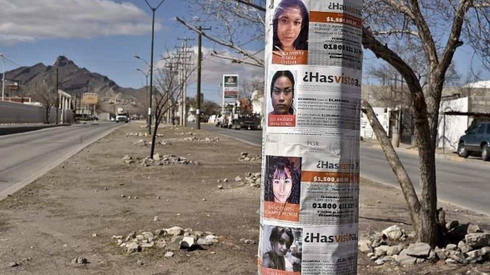 Posters with images of missing girls are on a post in a street of Ciudad Juarez, Mexico on February 2, 201