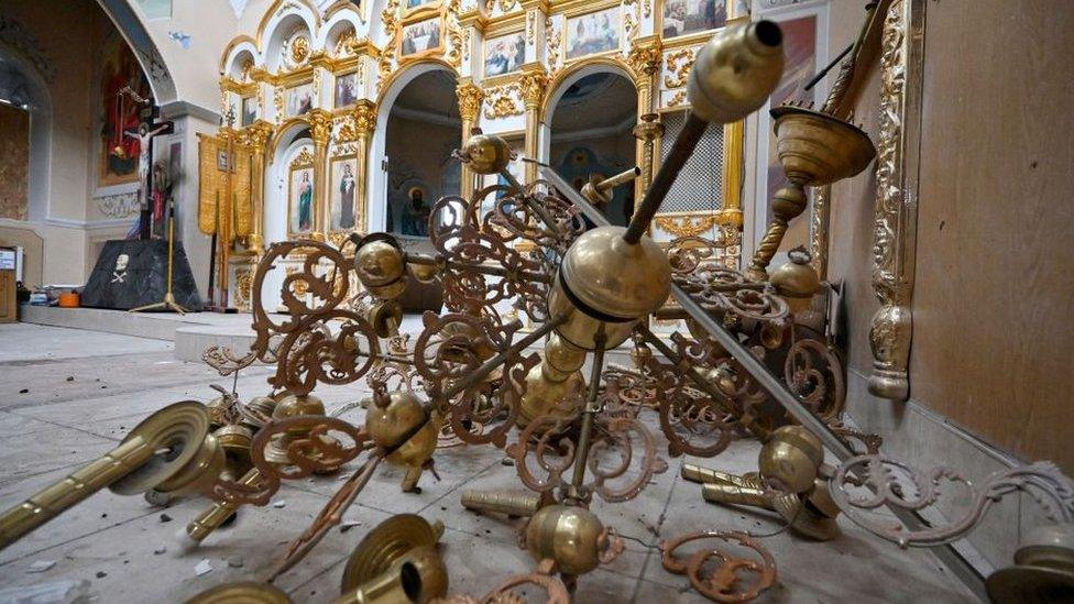 The heavily damaged interior of the church of Saint Alexander Nevsky in the village of Tsupivka, Kharkiv