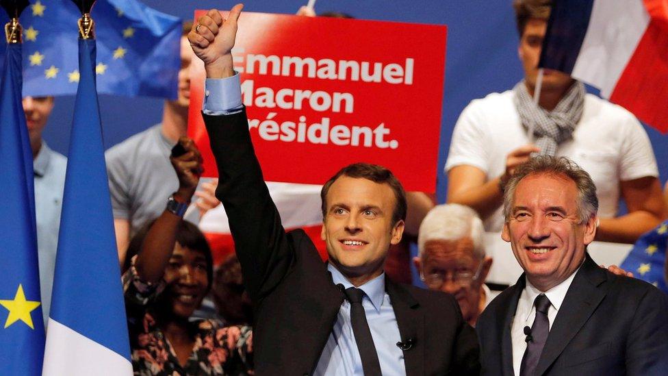 Emmanuel Macron (L), head of the political movement En Marche! (Onwards!) and candidate for the 2017 presidential election, and Francois Bayrou, French centrist politician and the leader of the Democratic Movement (MoDem)