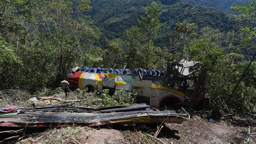 View of the bus that fell into a ravine in Bolivia