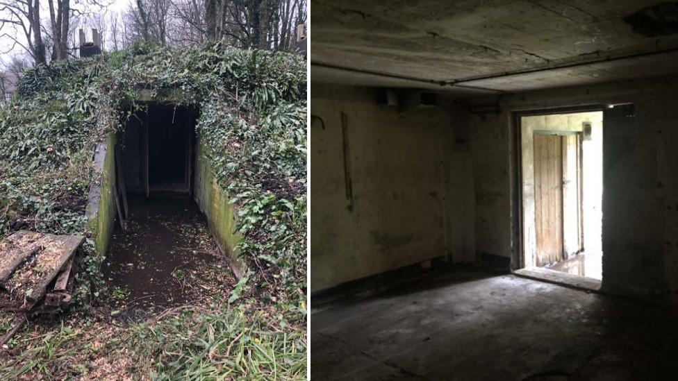 Two views of WW2 bunker door from outside and inside before the renovation