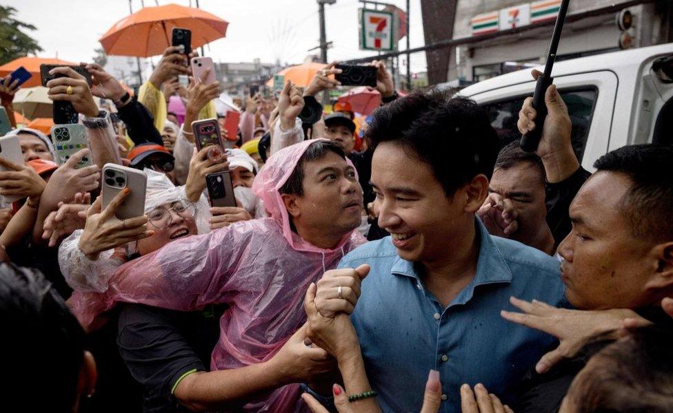 Move Forward Party leader and former prime ministerial candidate Pita Limjaroenrat arrives to address a crowd during a rally on Jomtien Beach in Pattaya on July 22, 2023.