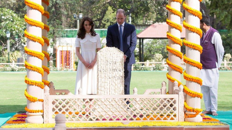 The Duke and Duchess of Cambridge pay their respects at the place where Mahatma Gandhi's life ended on 30 January 1948