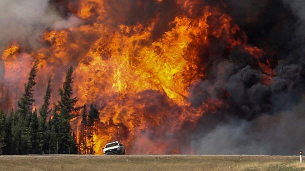 A car parked in front of a huge wildfire in Canada