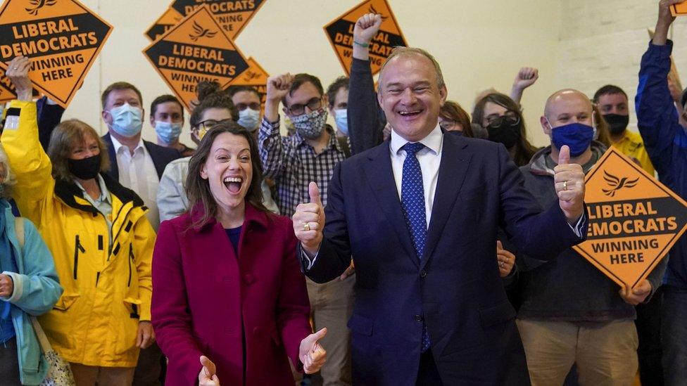 New Lib Dem MP Sarah Green with party leader Sir Ed Davey and campaigners