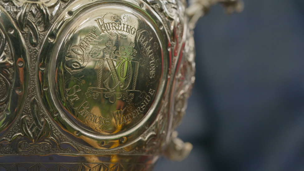 A close-up shot of the Derry senior hurling championship trophy