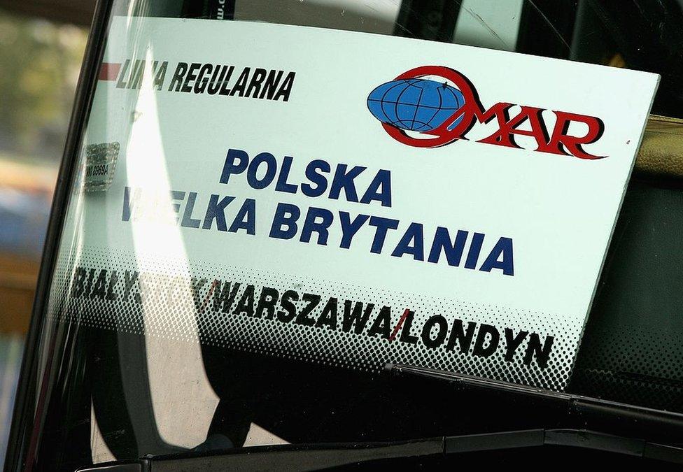 A bus bound for London at Warsaw's Zachodnia bus station