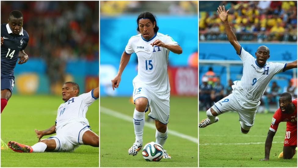 Image shows three pictures of the Hondruas team in 2014 doing spectacular dives or pulling funny faces.