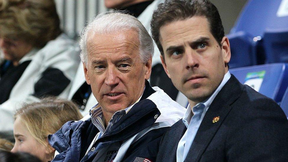 United States vice-president Joe Biden (L) and his son Hunter Biden (R) attend a women's ice hockey preliminary game between United States and China at UBC Thunderbird Arena on February 14, 2010 in Vancouver, Canada.