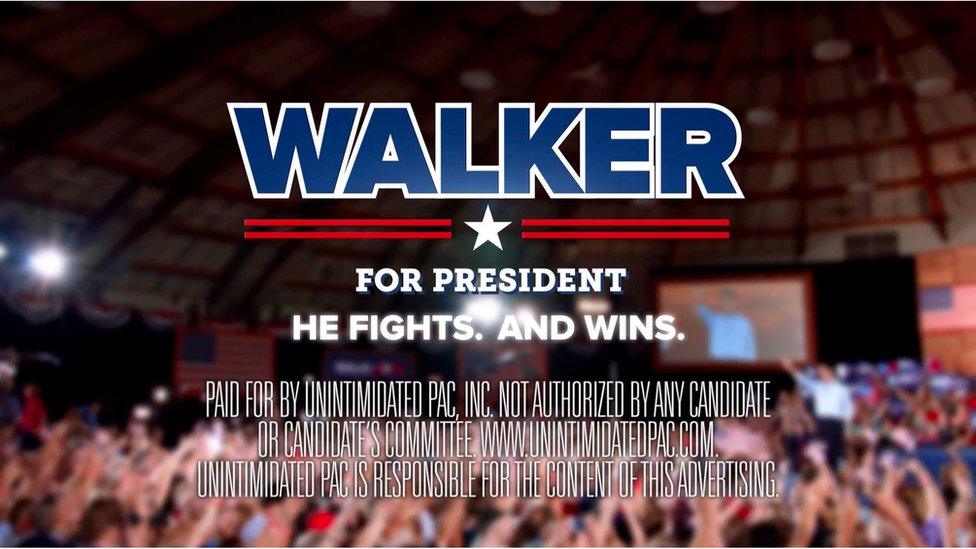 This image from video provided by Unintimidated PAC, Inc., shows a video grab from the first television ad designed to bolster Republican Scott Walker"s sagging presidential campaign and highlights his 2011 struggle with public sector unions, the clash that made him known across the country.