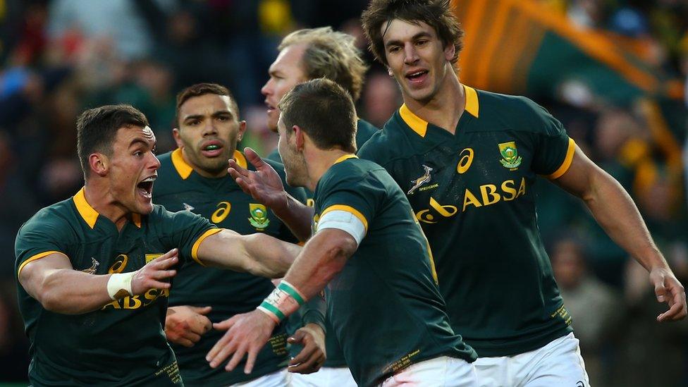 South African players celebrates scoring their try during The Castle Lager Rugby Championship 2015 match between South Africa and New Zealand at Emirates Airline Park on July 25, 2015